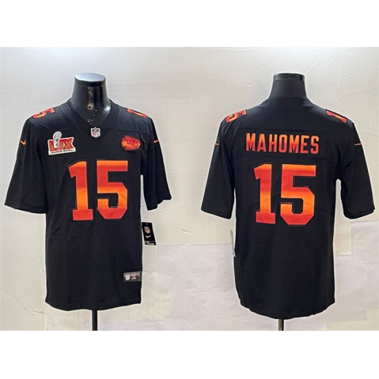 Men's Kansas City Chiefs #15 Patrick Mahomes Black 2025 Super Bowl LIX Fashion Vapor Limited Stitched Football Jersey - Ujersey