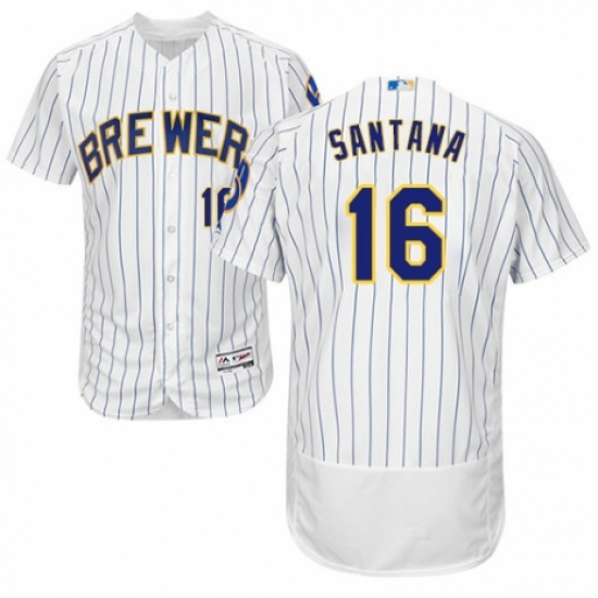 Men's Majestic Milwaukee Brewers #16 Domingo Santana White Home Flex Base Authentic Collection MLB Jersey - Ujersey