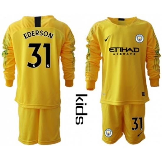 Manchester City #31 Ederson Yellow Goalkeeper Long Sleeves Kid Soccer Club Jersey