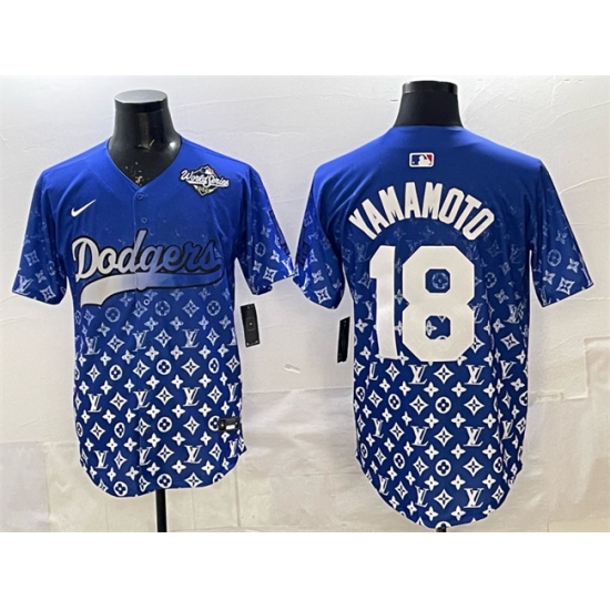 Men's Los Angeles Dodgers #18 Yoshinobu Yamamoto Blue 2025 World Series Limited Stitched Baseball Jersey - Ujersey