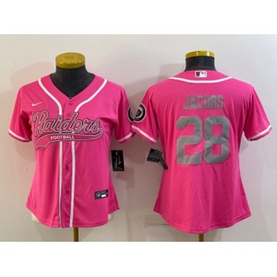 Women's Las Vegas Raiders #28 Josh Jacobs Pink With Patch Cool Base Stitched Baseball Jersey - Ujersey