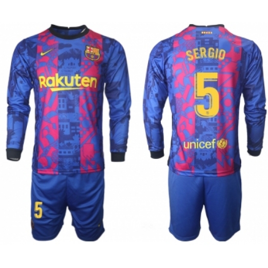 Men 2021-2022 Club Barcelona Second away blue Long Sleeve 5 Soccer Jersey