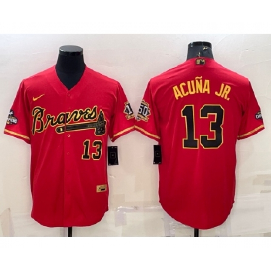Men's Atlanta Braves #13 Ronald Acuna Jr Red Gold World Series Champions Program Cool Base Stitched Baseball Jersey - Ujersey