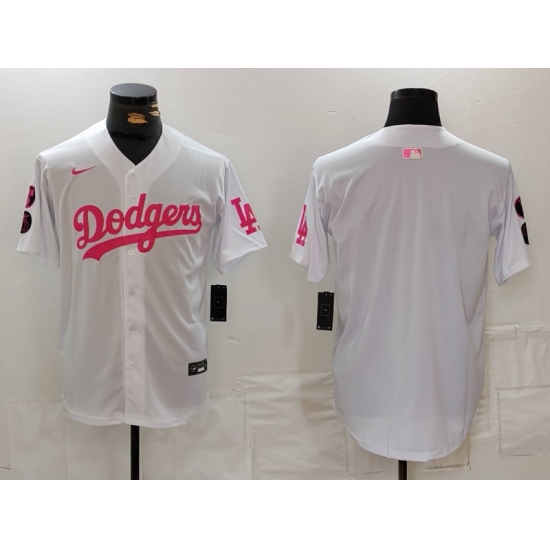 Men's Los Angeles Dodgers Team Big Logo White Pink Vin & Kobe Stitched Baseball Jersey - Ujersey