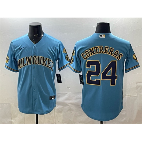 Men's Milwaukee Brewers #24 William Contreras Blue With Home & Bob Uecker Stitched Baseball Jersey - Ujersey