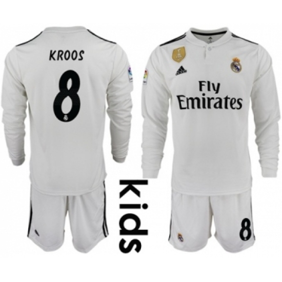 Real Madrid #8 Kroos Home Long Sleeves Kid Soccer Club Jersey