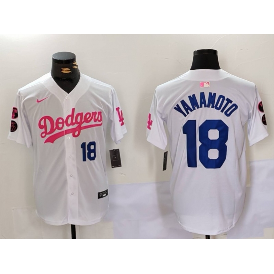 Men's Los Angeles Dodgers #18 Yoshinobu Yamamoto White Pink Vin & Kobe Stitched Baseball Jersey - Ujersey