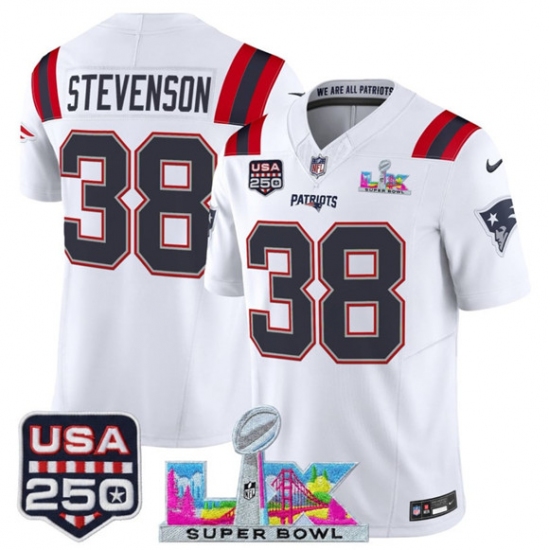 Men's New England Patriots #38 Rhamondre Stevenson White 2025 F.U.S.E. Super Bowl LX And USA 250 Vapor Limited Football Stitched Jersey - Ujersey