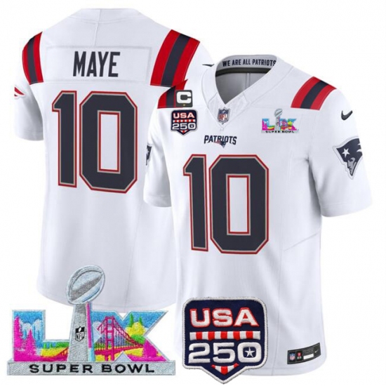 Men's New England Patriots #10 Drake Maye White 2025 F.U.S.E. Super Bowl LX USA 250 Vapor Limited Football Stitched Jersey - ujerseystore