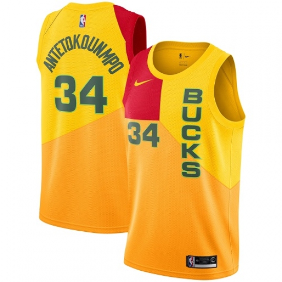 Youth Nike Milwaukee Bucks #34 Giannis Antetokounmpo Swingman Yellow NBA Jersey - City Edition - Ujersey
