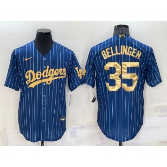 Men's Los Angeles Dodgers #35 Cody Bellinger Navy Blue Gold Pinstripe Stitched MLB Cool Base Nike Jersey - Ujersey