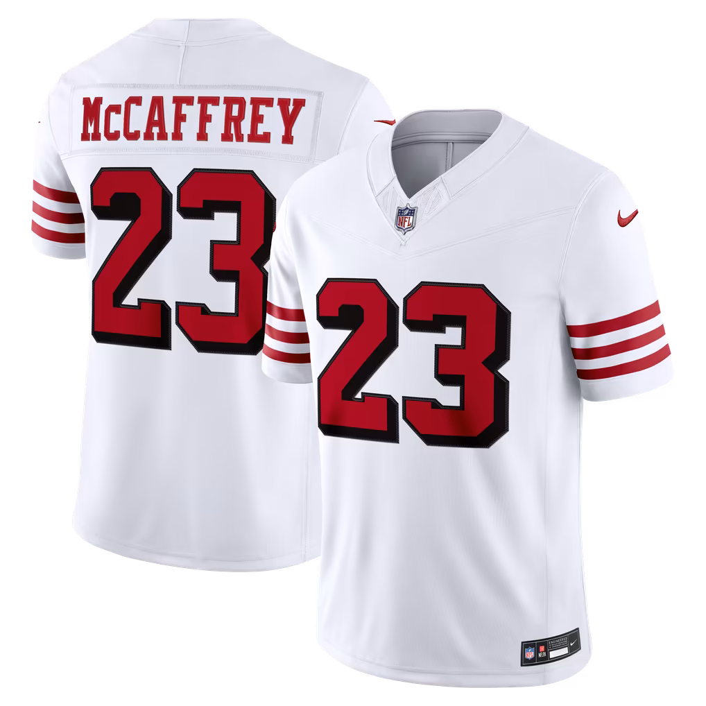 Men's San Francisco 49ers Christian McCaffrey Nike White Alternate Vapor F.U.S.E. Stitched Limited Jersey