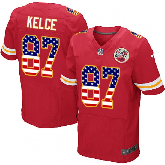 Men's Nike Kansas City Chiefs #87 Travis Kelce Elite Red Home USA Flag Fashion NFL Jersey - ujerseystore