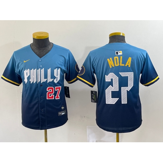 Youth Philadelphia Phillies #27 Aaron Nola Number Blue 2024 City Connect Limited Stitched Jersey - Ujersey
