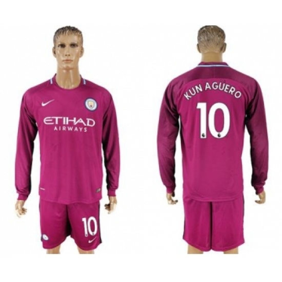 Manchester City #10 Kun Aguero Away Long Sleeves Soccer Club Jersey