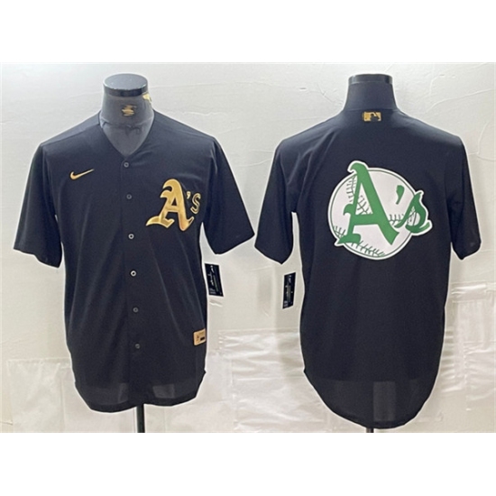 Men's Oakland Athletics Black Gold Team Big Logo Cool Base Stitched Baseball Jersey1 - Ujersey