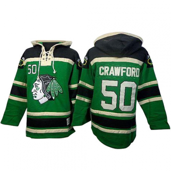 Men's Old Time Hockey Chicago Blackhawks #50 Corey Crawford Authentic Green St. Patrick's Day McNary Lace Hoodie NHL Jersey - Ujersey