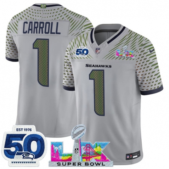 Men's Seattle Seahawks #1 Pete Carroll Gray 2025 F.U.S.E. Super Bowl LX And 50th Season “Rivalries” Vapor Limited Football Stitched Jersey - Ujersey