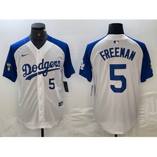 Mens Los Angeles Dodgers #5 Freddie Freeman Number White Blue Fashion Stitched Cool Base Limited Jersey