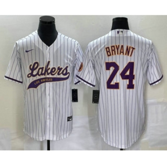 Men's Los Angeles Lakers #24 Kobe Bryant White Pinstripe Cool Base Stitched Baseball Jersey1 - Ujersey