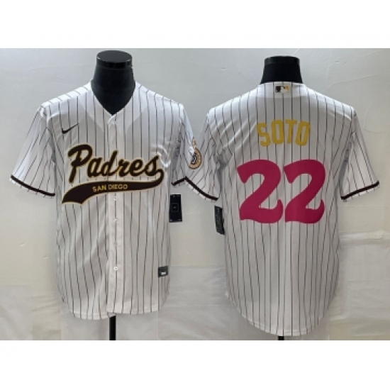 Men's San Diego Padres #22 Juan Soto White Pinstripe 2023 City Connect Cool Base Stitched Jersey