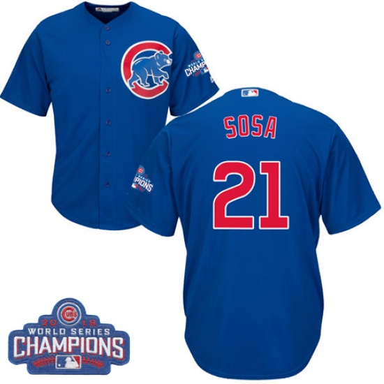 Youth Majestic Chicago Cubs #21 Sammy Sosa Authentic Royal Blue Alternate 2016 World Series Champions Cool Base MLB Jersey - Ujersey