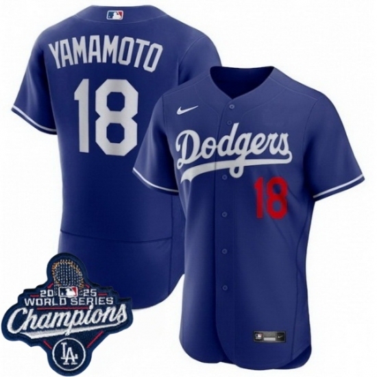 Men's Los Angeles Dodgers 18 Yoshinobu Yamamoto Cool Base 2025 World Champions Stitched Baseball Jersey Blue - Ujersey