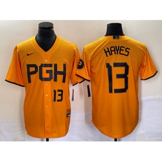 Men's Nike Pittsburgh Pirates #13 KeBryan Hayes Number Gold 2023 City Connect Stitched Jersey1 - Ujersey