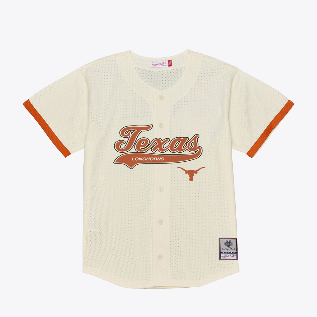 Men's Mitchell & Ness Cream Texas Longhorns Mesh Button-Up Batting Practice Baseball Jersey - ujerseystore