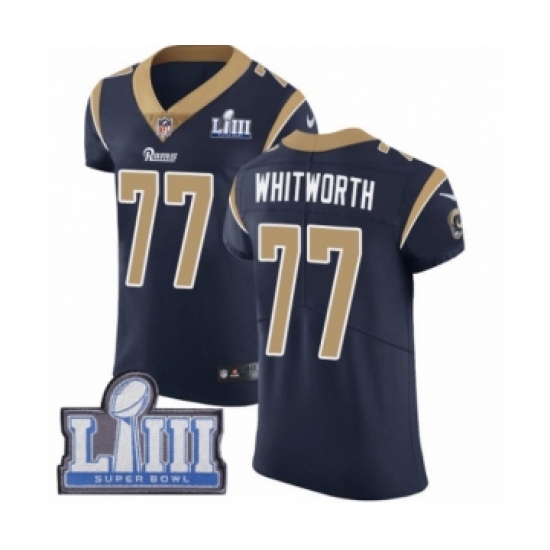 Men's Nike Los Angeles Rams #77 Andrew Whitworth Navy Blue Team Color Vapor Untouchable Elite Player Super Bowl LIII Bound NFL Jersey - Ujersey