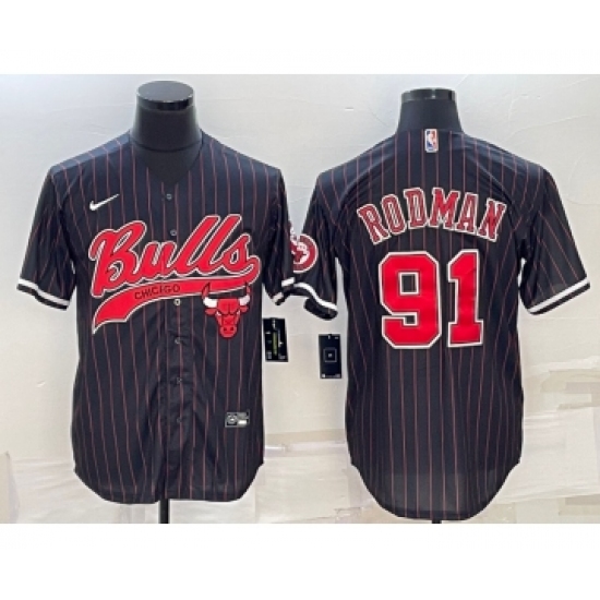 Men's Chicago Bulls #91 Dennis Rodman Black Pinstripe With Patch Cool Base Stitched Baseball Jersey - Ujersey