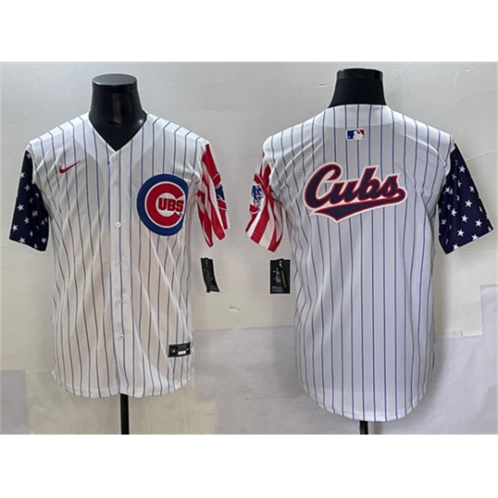 Men's Chicago Cubs Team Big Logo White Pinstripe 2025 Independence Day Vapor Premier Limited Stitched Baseball Jersey - Ujersey