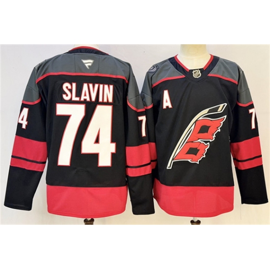 Men's Carolina Hurricanes #74 Jaccob Slavin Black 2024-25 With A Stitched Hockey Jersey - Ujersey