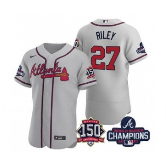 Men's Atlanta Braves #27 Austin Riley 2021 Gray World Series Champions With 150th Anniversary Flex Base Stitched Jersey - Ujersey