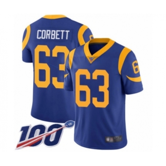 Youth Los Angeles Rams #63 Austin Corbett Royal Blue Alternate Vapor Untouchable Limited Player 100th Season Football Jersey - Ujersey