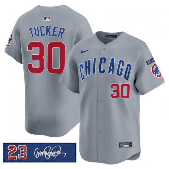 Men's Chicago Cubs #30 Kyle Tucker Gray 'Ryne Sandberg Tribute' Vapor Limited V3 Stitched Baseball Jersey - Ujersey