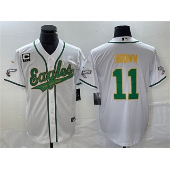 Men's Nike Philadelphia Eagles #11 A. J. Brown White Gold C Cool Base Baseball Stitched Jersey - Ujersey