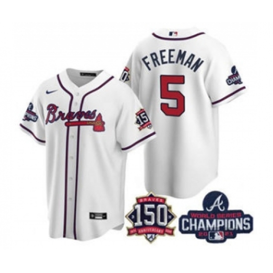 Men's Atlanta Braves #5 Freddie Freeman 2021 White World Series Champions With 150th Anniversary Patch Cool Base Stitched Jersey - Ujersey