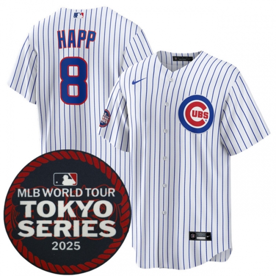 Men's Chicago Cubs #8 Ian Happ White 2025 World Tour Tokyo Series Home Stitched Baseball Jersey - Ujersey