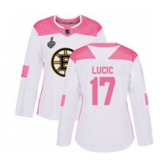 Women's Boston Bruins #17 Milan Lucic Authentic White Pink Fashion 2019 Stanley Cup Final Bound Hockey Jersey - Ujersey