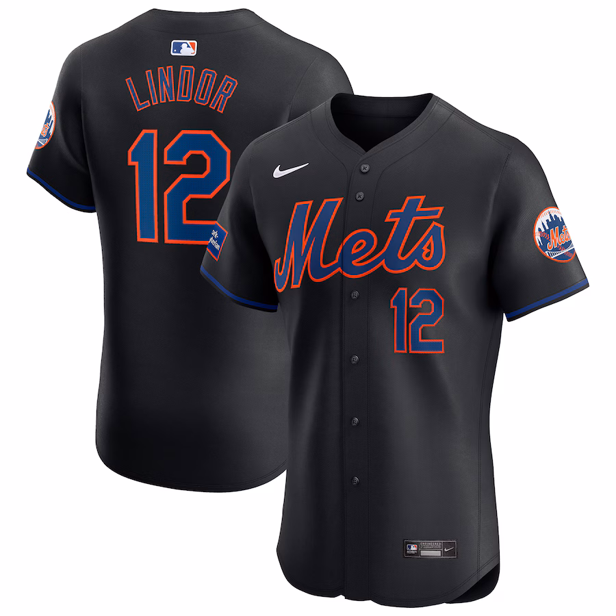 Men's New York Mets Francisco Lindor Nike Black Alternate Elite Sponsor Patch Player Jersey - Ujersey NHL