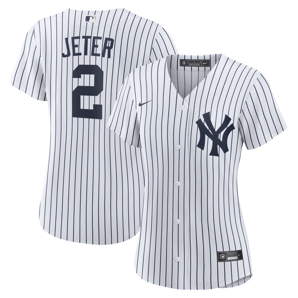 Women's New York Yankees Derek Jeter Nike White/Navy Home Replica Player Name Jersey - ujerseystore