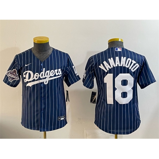 Youth Los Angeles Dodgers #18 Yoshinobu Yamamoto Navy Pinstripe 2025 World Series Champions Cool Base Stitched Baseball Jersey - Ujersey
