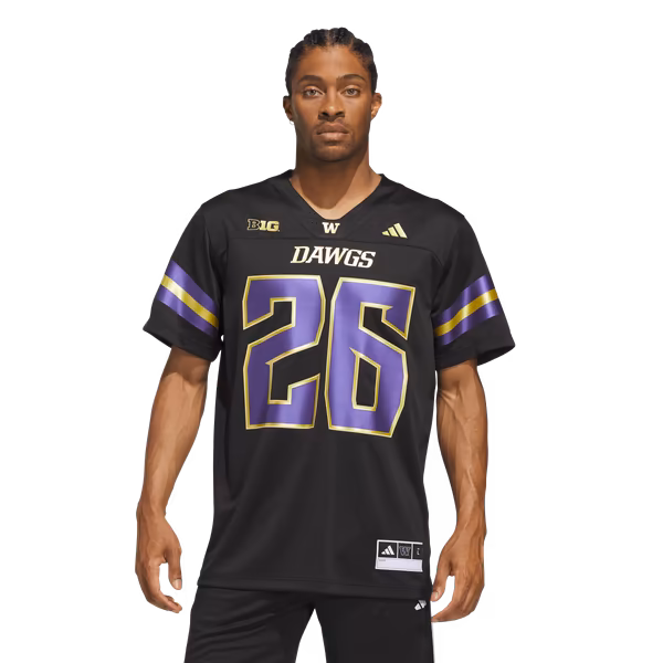 Men's adidas #26 Black Washington Huskies Unleash the Dawgs Premier Strategy Jersey