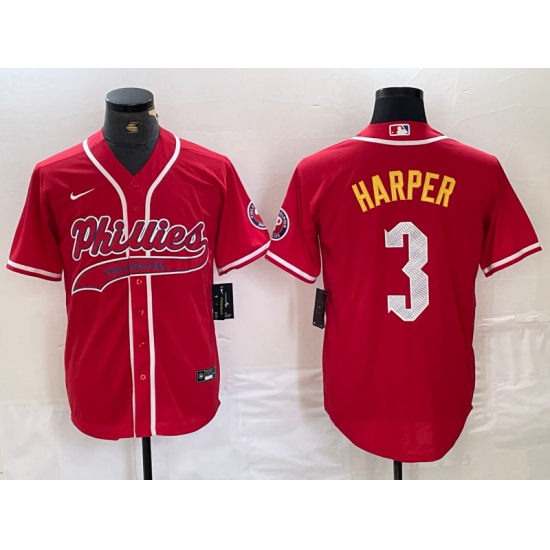 Men's Philadelphia Phillies #3 Bryce Harper Red Cool Base Stitched Baseball Jersey - Ujersey
