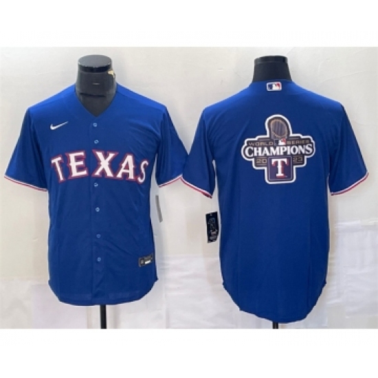 Men's Texas Rangers Royal 2023 World Series Champions Big Logo Cool Base Stitched Baseball Jersey1 - Ujersey
