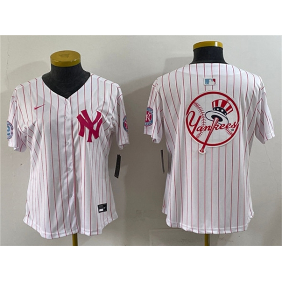 Youth New York Yankees Team Big Logo White Pink Pinstripe Limited Stitched Baseball Jersey - Ujersey