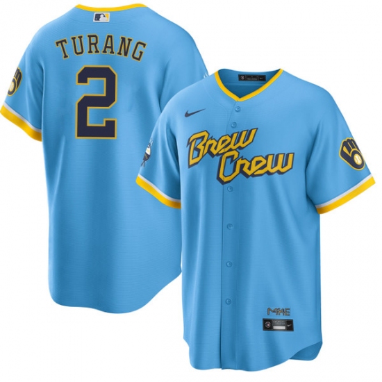 Men's Milwaukee Brewers #2 Brice Turang Blue 2022 City Connect Cool Base Stitched Jersey - Ujersey