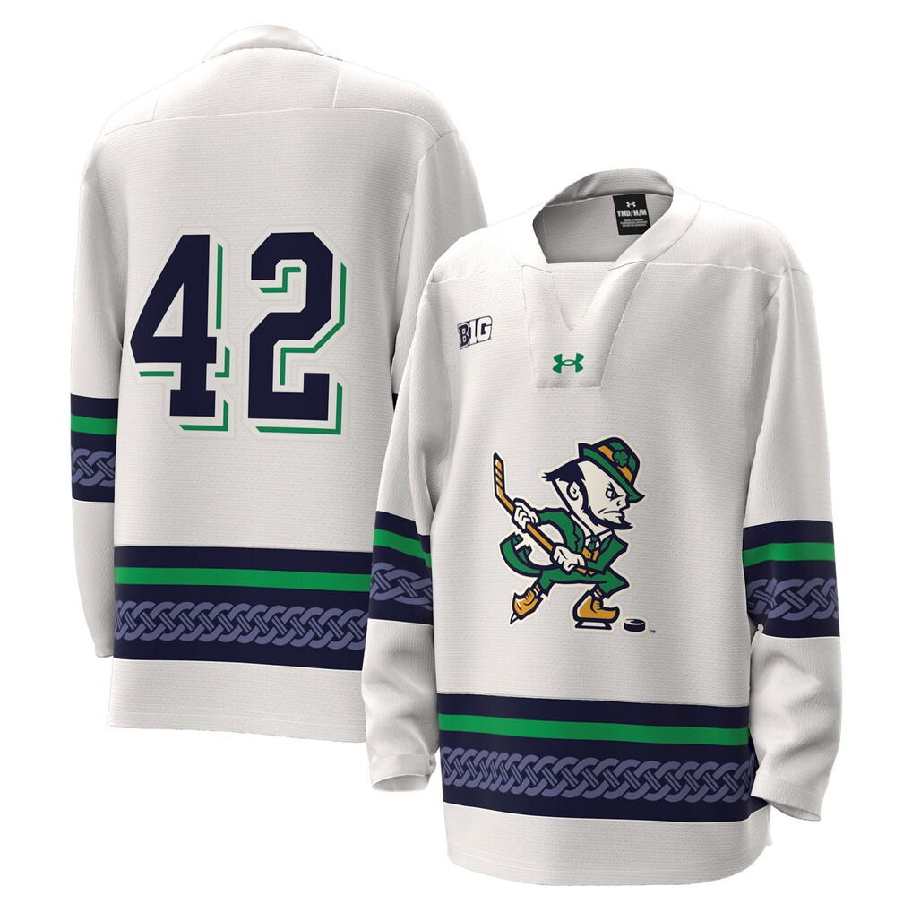 Youth Under Armour #42 White Notre Dame Fighting Irish Alternate Leprechaun Replica Hockey Jersey - U-jersey