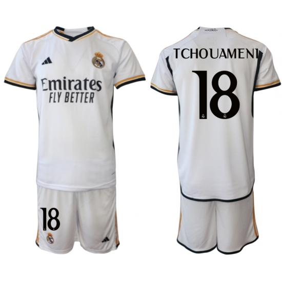 Men's Real Madrid #18 Tchouameni 2023-24 White Home Soccer Jersey